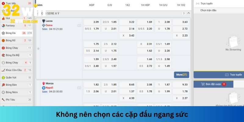 Khi cược kèo bóng đá Tài Xỉu không nên chọn những cặp đấu mà 2 đội bóng ngang sức với nhau