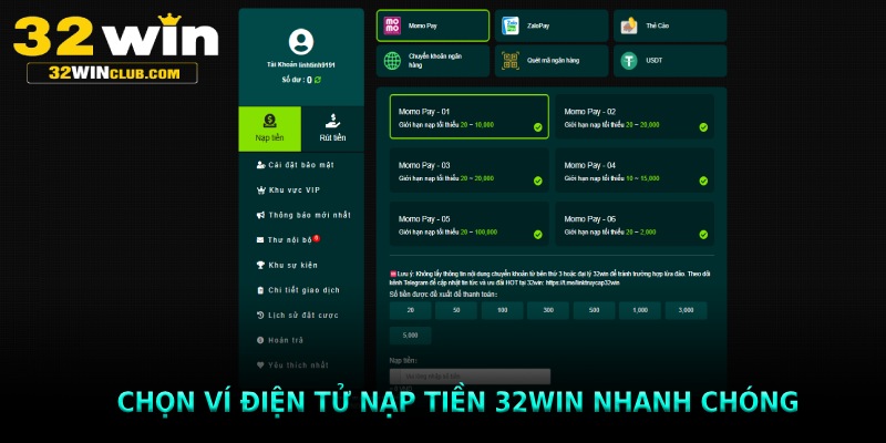 Chọn ví điện tử nạp tiền 32win nhanh chóng