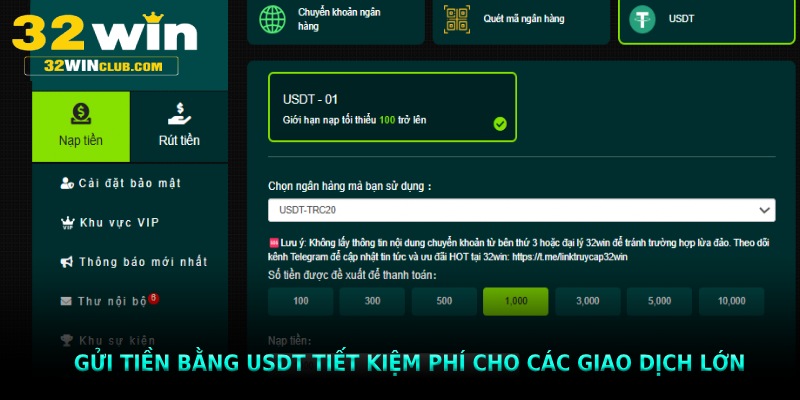 Gửi tiền bằng USDT tiết kiệm phí cho các giao dịch lớn